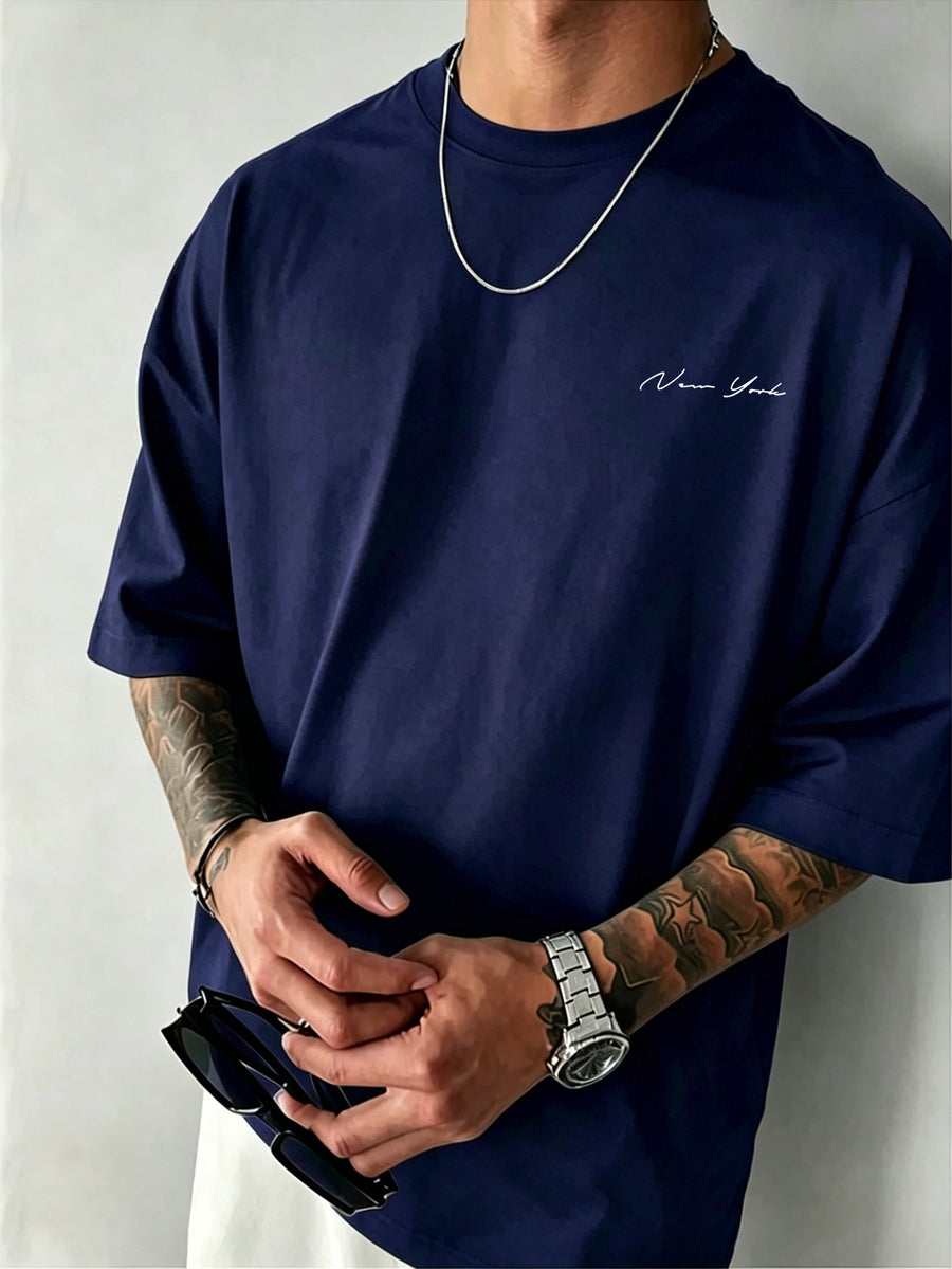 Men' New York Letter Print T-Shirt - Minimalist Round Neck Short Sleeve Tee with, Machine Washable Casual Basic Shirt Suitable for Summer, Office & Casual Attire, Non- Regular Fit for Men - Navy Color