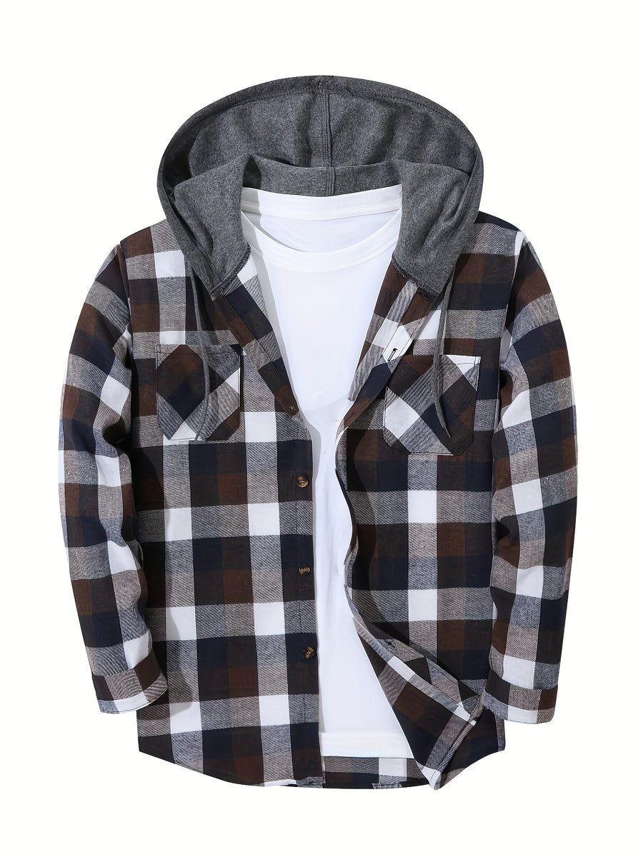 Men'S Plaid Hoodie Fashion Hoodie Fleece Shirt Price Long Sleeve Casual Button-Up Hoodie, Autumn Essentials - White-brown-blue