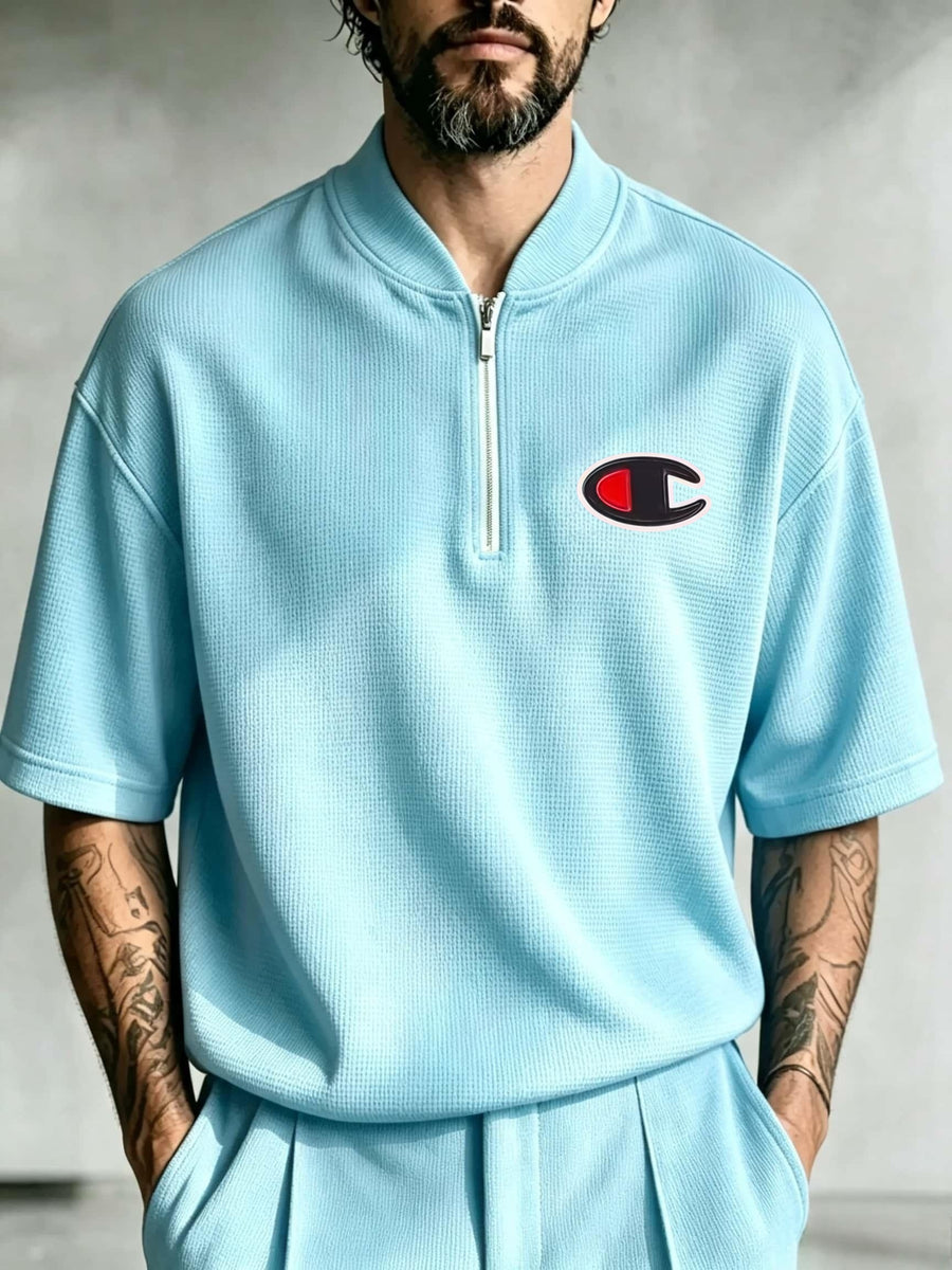 Men'S Waffle Knit Quarter-Zip Short Sleeve Shirt, Stand Collar Contrast Oval C-Shaped Pattern Chest Print, Loose Casual Pullover Top - Sky Blue