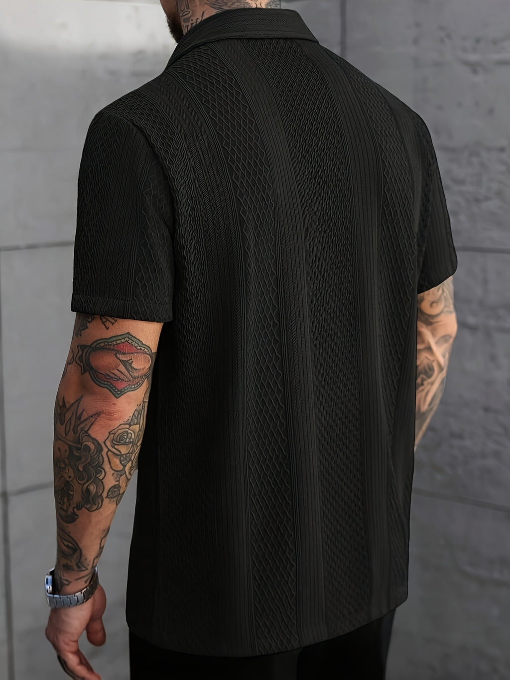 Men'S Solid Color Knitted Short Sleeve Shirt - Black