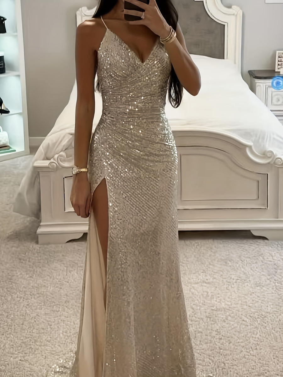 Women's Elegant Sequin Spaghetti Strap Asymmetrical Ruffle Hem High Slit Birthday Party Banquet Bridesmaid Dress - Beige
