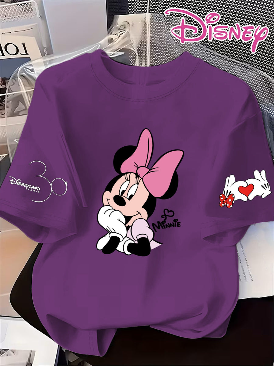Disney Minnie Cute Short-Sleeve Women'S T-Shirt with a Heart Print, Comfortable Round-Neck Sweatshirt for Spring And Summer - Purple