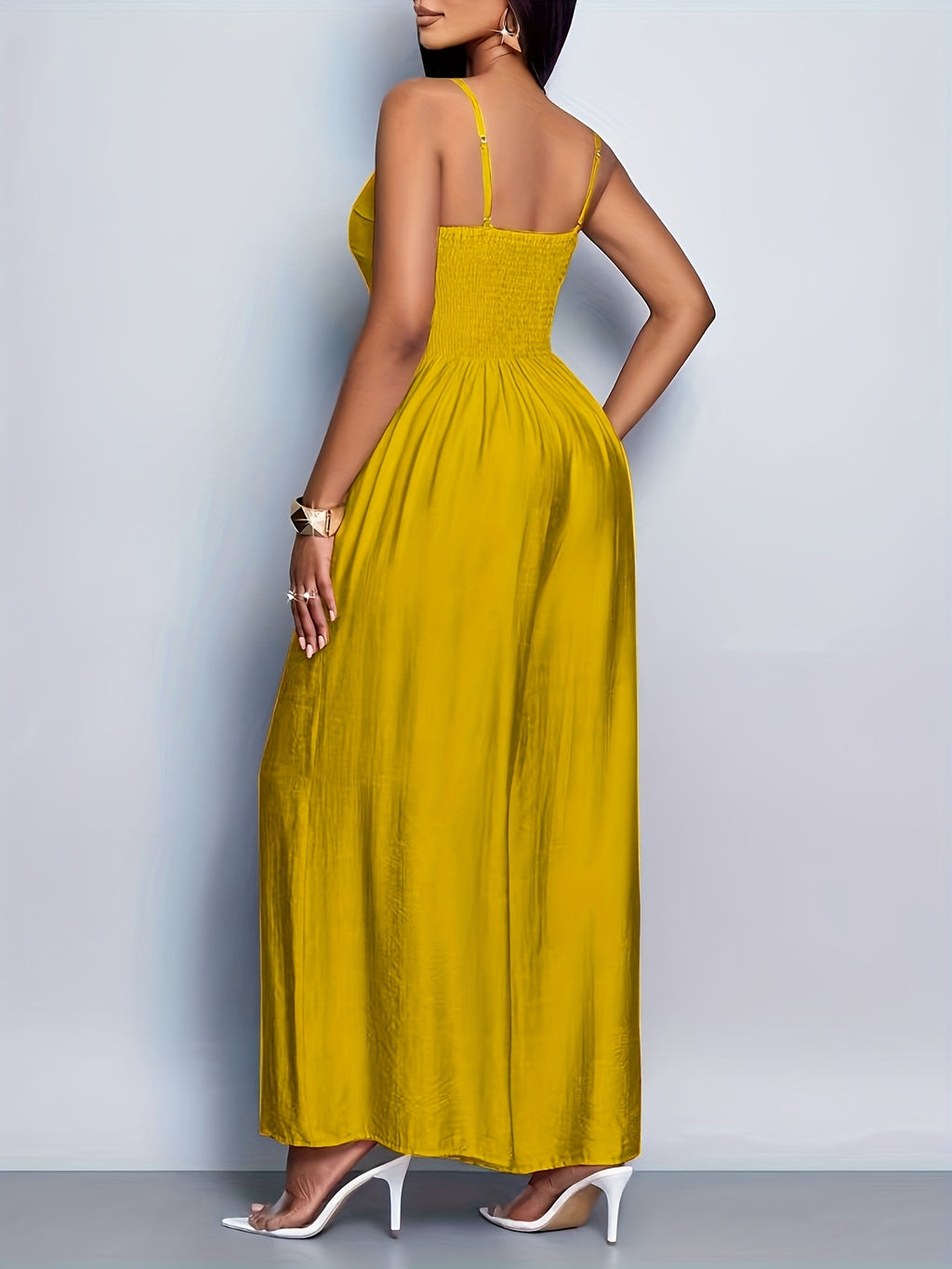 Women'S Draped Front Lace Up Backless Wide Leg Cami Jumpsuit | Elegant Solid Color, Sleeveless, Long Length, Suitable for Everyday Wear & Vacation - Yellow