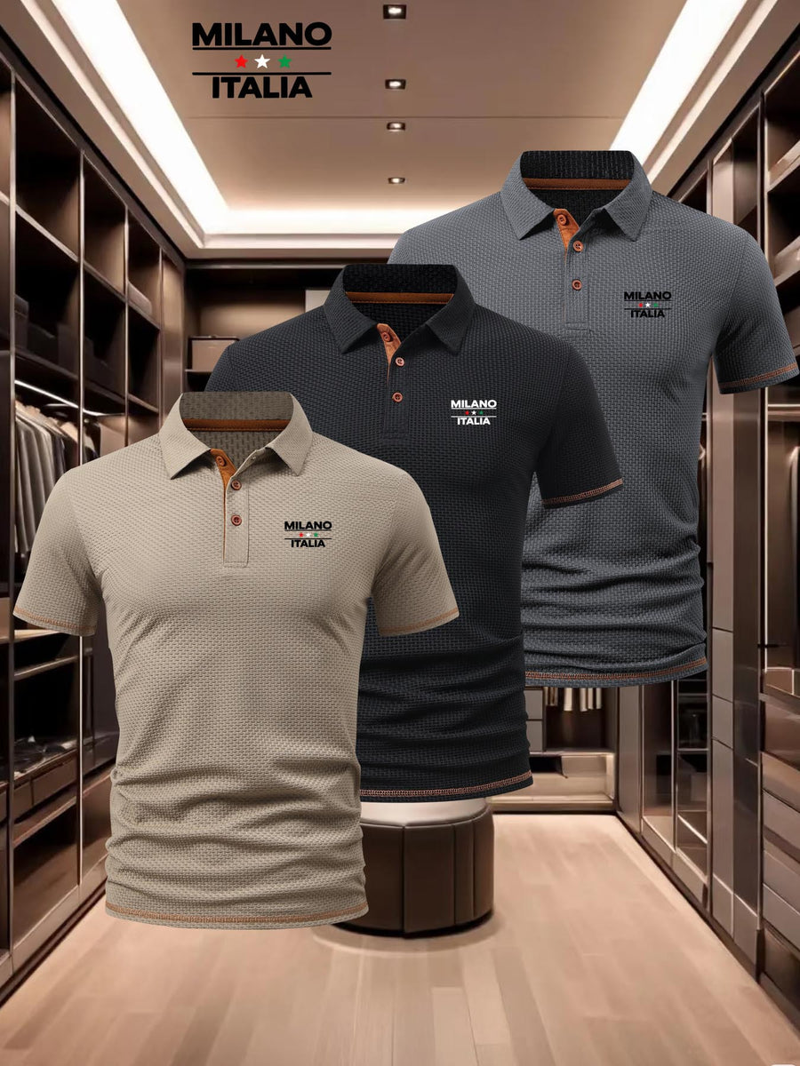 Men'S Mature Lapel 3pcs Short Sleeve Polo Shirt Set, Horizontal Three Stars ITA Pattern Short Length Caramel Brown 3-Button Placket, 3-Color Waffle Knit Fabric, Urban Daily Wear Durable Stretch Casual Top - Black