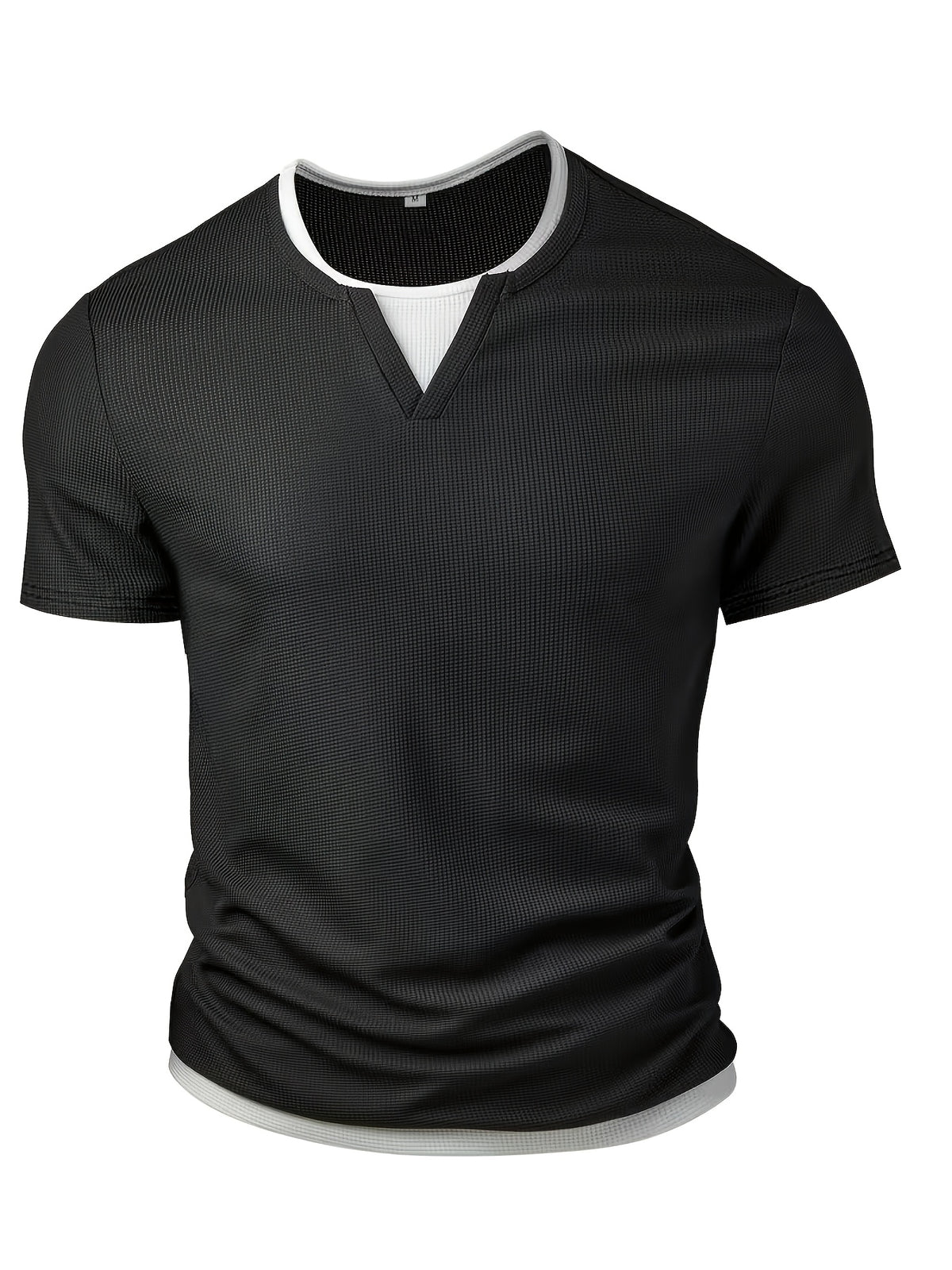 Men's Fashion Top, Spring/Summer Casual Color-Block Waffle Knit Round Neck Short Sleeve Henley Shirt - Black