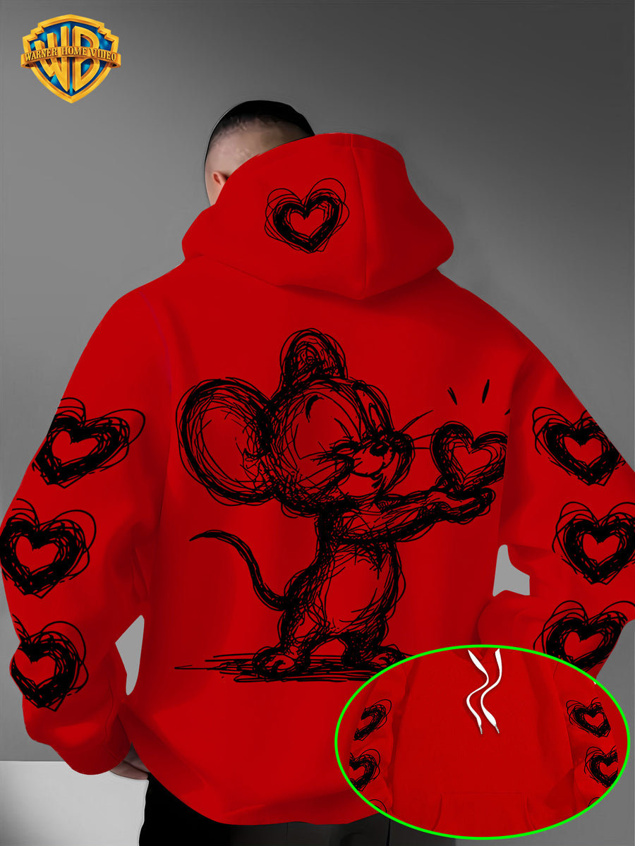 Warner Bros. Officially Licensed Men's Hoodie, Featuring Retro-style Cartoon Character Heart-shaped Pattern Design, Hand-drawn Sketch Art Print, Suitable for Casual Streetwear, Ideal for Daily Wear, for Travel or Weekend Outings - Red