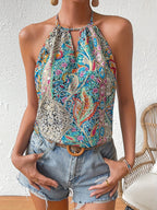Elegant Paisley Print Keyhole Neck Halter Top - Multicolor