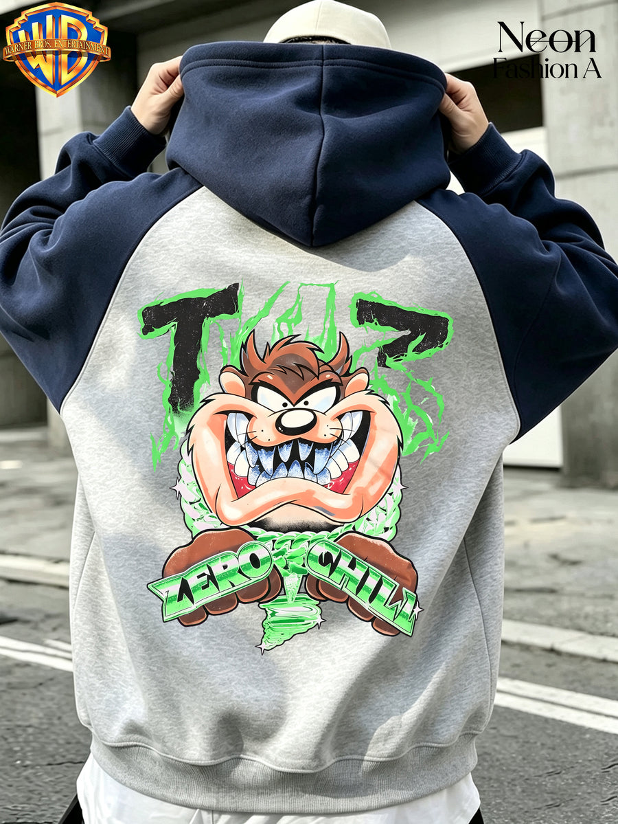 Warner Bros. Authentic Men's Autumn/Winter Street Style Hooded Sweatshirt Jacket, Trendy Logo Cartoon Print, Color-Block Striped Long-Sleeve Hoodie with Zipper and Pocket Design, Loose Fit, Machine Washable, Suitable for Daily Wear and Outdoor - Navy Blue And Gray