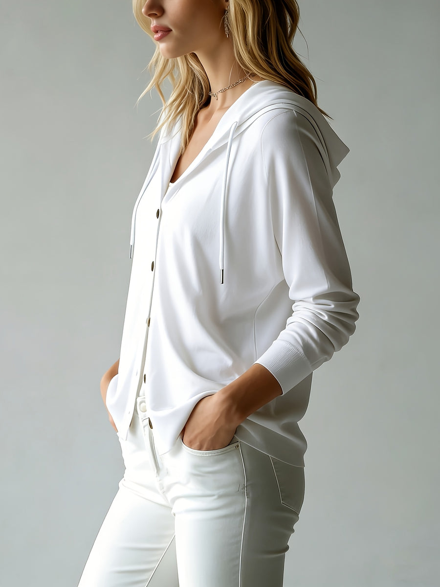 Women's Button Cardigan with a Hood, Drawstring Hood Design, French Style, European and American Style, Casual, Loose, All-season Versatile, Can Be Worn Alone or as an Outer Layer, Suitable for Daily Commuting and Various Occasions. - White