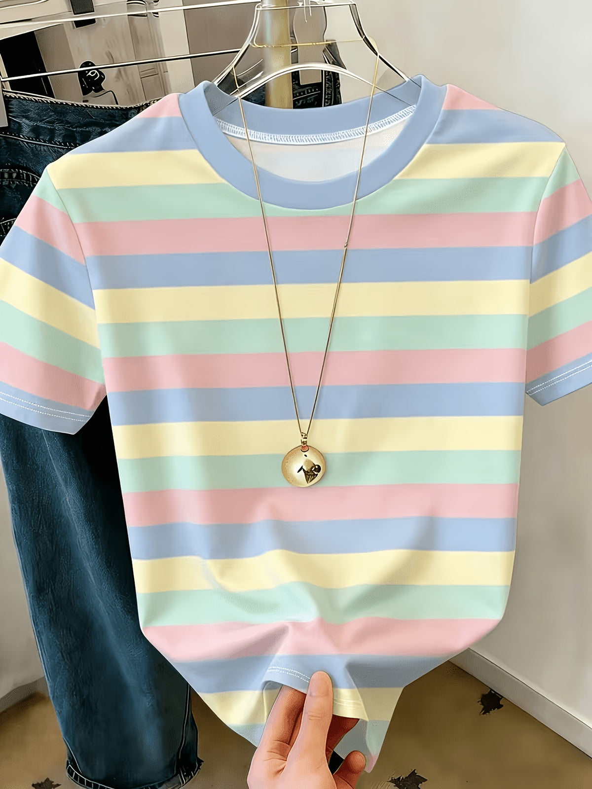 Cross-Border New Fashion Casual Digital Print Striped Short Sleeve Round Neck T-Shirt Women'S T-Shirt - Mixed colors