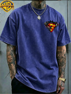 Warner Bros. Exclusive License, Hip-Hop Street DC Superman Batman Logo Print Design Men'S Summer Loose Round Neck Commuter Short Sleeve T-Shirt, Multi-Style, Loose Fit, Suitable for Summer Wear, Suitable for Outdoor Activities, Fitness, Parties - Royal blue color