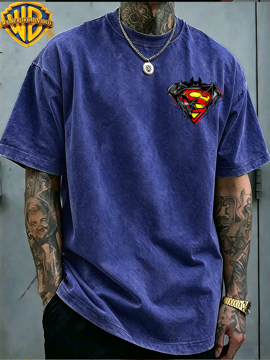 Warner Bros. Exclusive License, Hip-Hop Street DC Superman Batman Logo Print Design Men'S Summer Loose Round Neck Commuter Short Sleeve T-Shirt, Multi-Style, Loose Fit, Suitable for Summer Wear, Suitable for Outdoor Activities, Fitness, Parties - Royal blue color