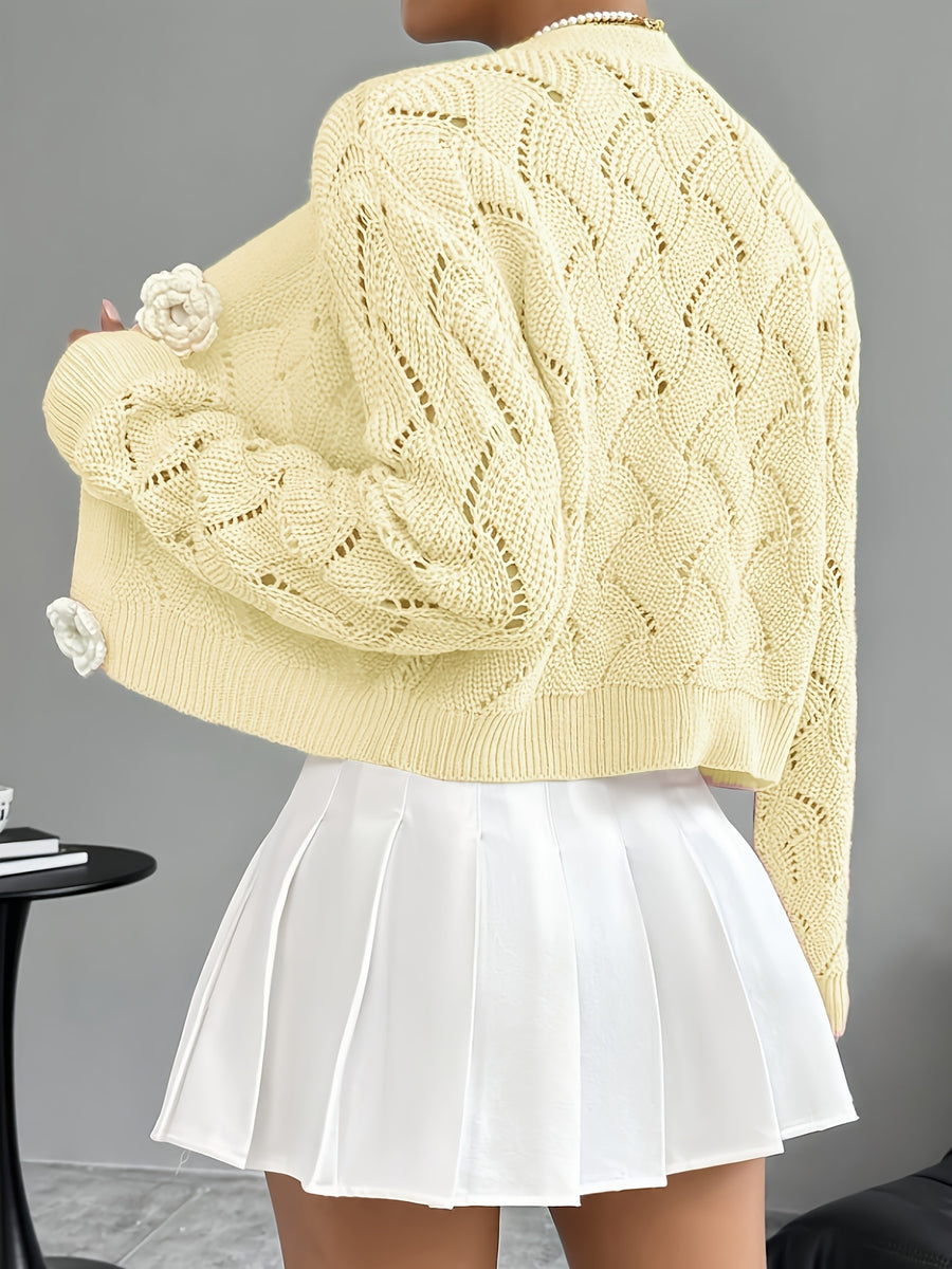 Spring 2026 Spring/Summer Women'S Handcrafted 3D Floral Embellishment Western Fashion Elegant Solid Lace Crochet Cardigan Top Jacket Women'S, Suitable for Daily Wear And Commuting, Spring Outing, All Seasons, Versatile Style - Yellow