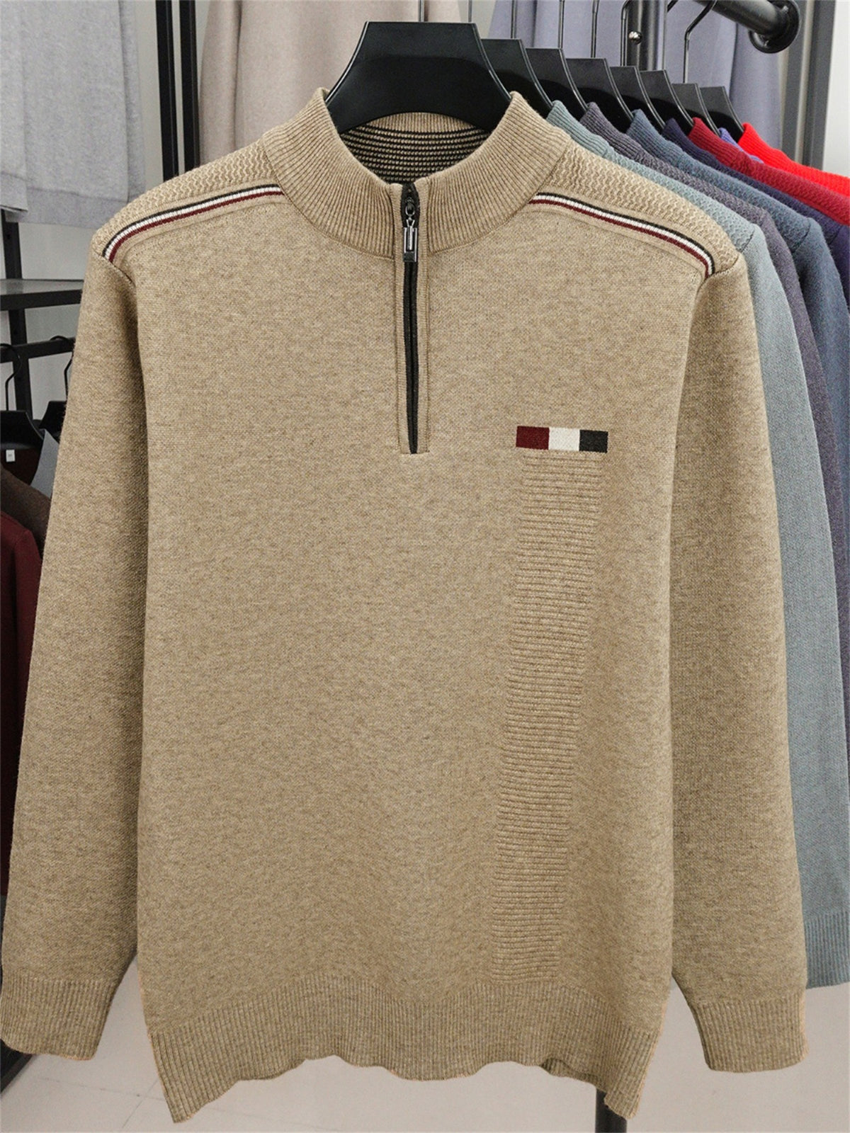 ZBZP Autumn Winter Knit 3D Solid Half-Zip Stand Collar Sweater, Basic Knit Pullover Top for Men, Fashionable Long Sleeve Sweater ZM - Camel