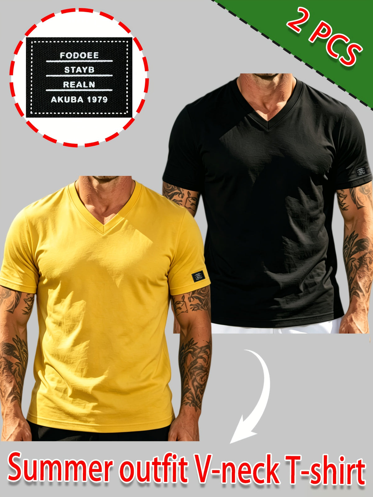 100% Cotton 2pcs Men's Basic V-Neck Pure Cotton Solid Color Short Sleeve T-Shirt, Soft and Skin-Friendly, Versatile Top for Fitness, Casual, and Daily Wear - Black+Yellow