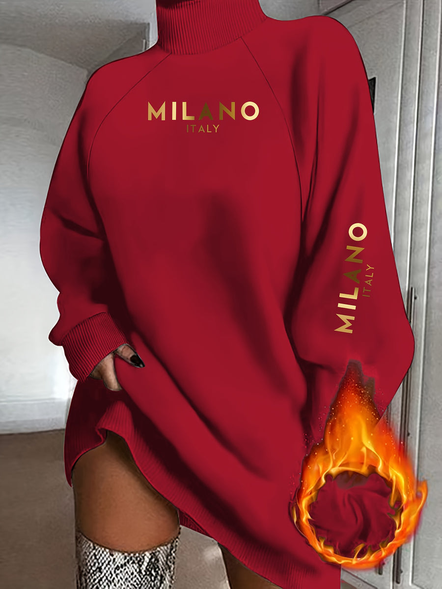 Women'S Elegant Turtleneck Sweater, Fall Winter Casual Fashion Sweatshirt, Printed with MLANO Design, Comfortable Fabric Loose Fit Long Sleeve Dress Top - Red