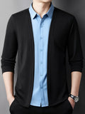 Old Money Style Lapel Patchwork Design, Simple Early Autumn Men's Color-Blocked Fabric, Skin-Friendly, Soft, and Warm, Can Be Worn as Inner or Outer Layer, Trendy Outfit for Work Commute, Business Casual, Daily Outings, Men's Casual Sport Sweater - Black & Blue