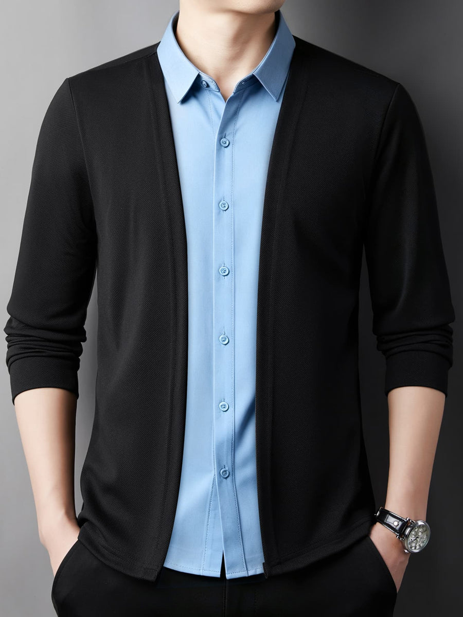 Old Money Style Lapel Patchwork Design, Simple Early Autumn Men's Color-Blocked Fabric, Skin-Friendly, Soft, and Warm, Can Be Worn as Inner or Outer Layer, Trendy Outfit for Work Commute, Business Casual, Daily Outings, Men's Casual Sport Sweater - Black & Blue