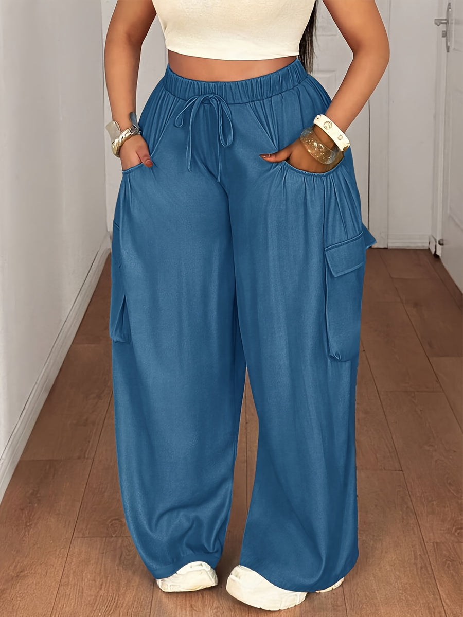 Plus Size, [Printed Pants - Not Denim Fabric] Plus-size Women's Elastic Waist, Multi-pocket Decorative Denim-style Pants - Sea Blue