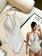 Spring/Autumn Simple Halter Neck Polka Dot Basic Bodysuit for Women, Stretchy Slim-Fit Flattering Base Layer, Versatile Tight-Fitting Top for Vacation and Dates - Polka Dots