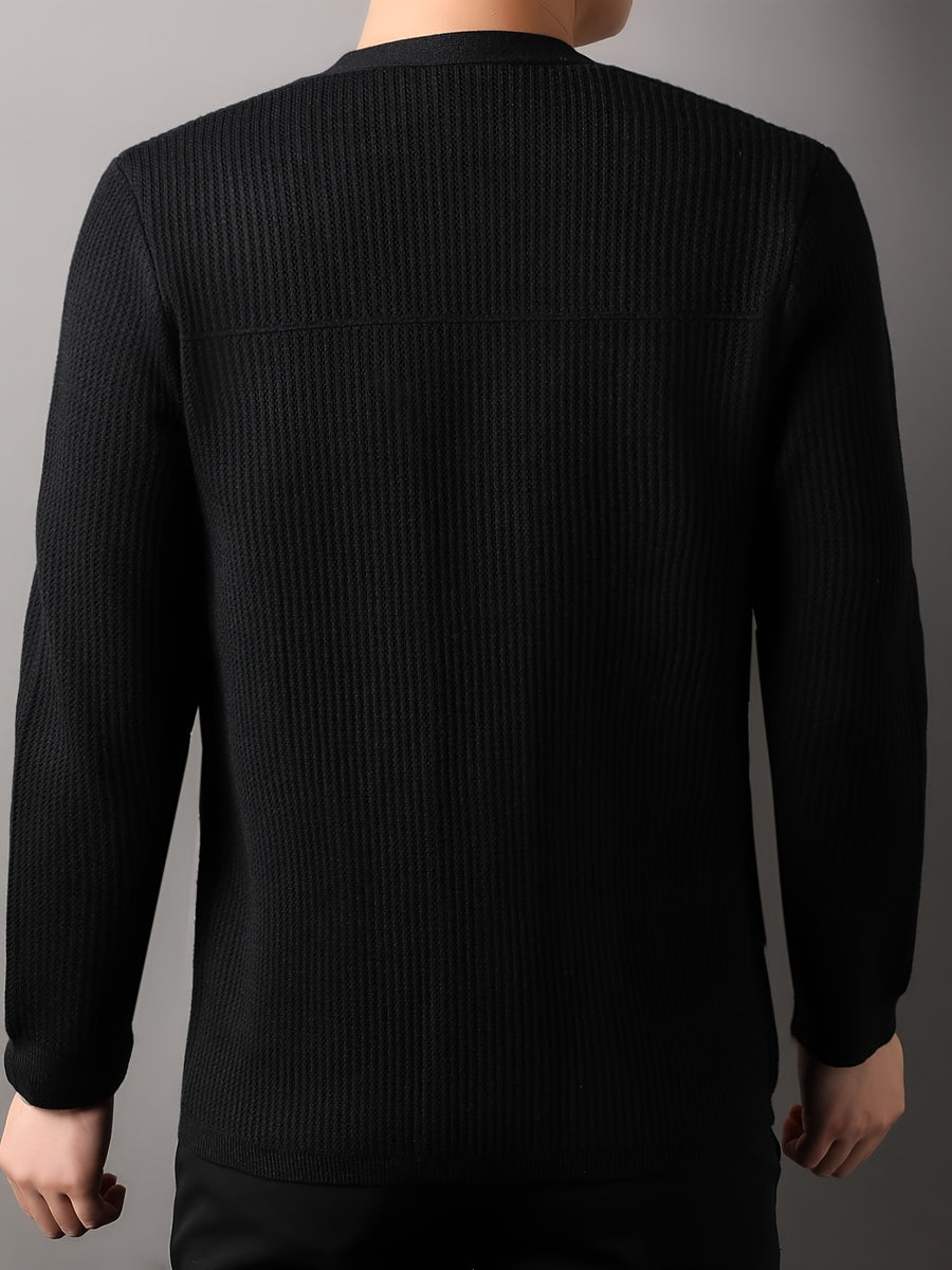 Men's Old Money Style Knit Cardigan Sweater Jacket - Solid Color V-Neck Zipper Front with Side Pocket, Open Front Zipper Suitable for Business Casual, Layering for Golf, Outdoor, Vacations, Spring/Autumn Wear, Versatile for Daily Outfits - Black