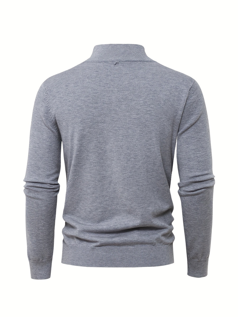2025 New Men's Casual Solid Color Knit Zip-Front Sweater - Thickened Warm Top - Fashionable Minimalist Style with Medium Stretch for Daily Comfort, Men's Essential Cold-Weather Item, High-Quality Autumn/Winter Fashionable and Mature Pullover - Grey