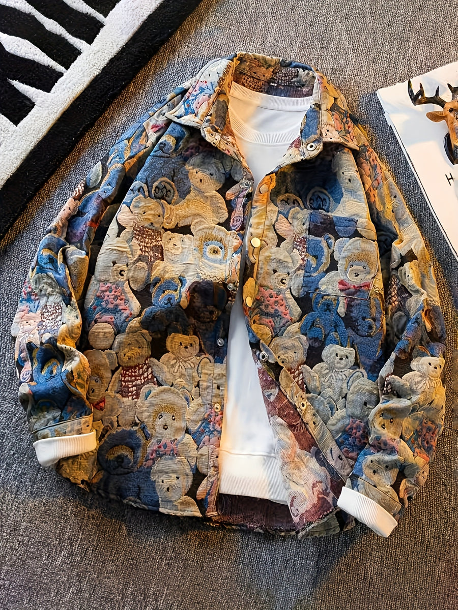 Men'S American Retro All-Over Floral Woven Teddy Bear Shirt Jacket, Men'S Autumn Premium Trendy Brand Bad Boy Influencer Casual Shirt - Multicolor