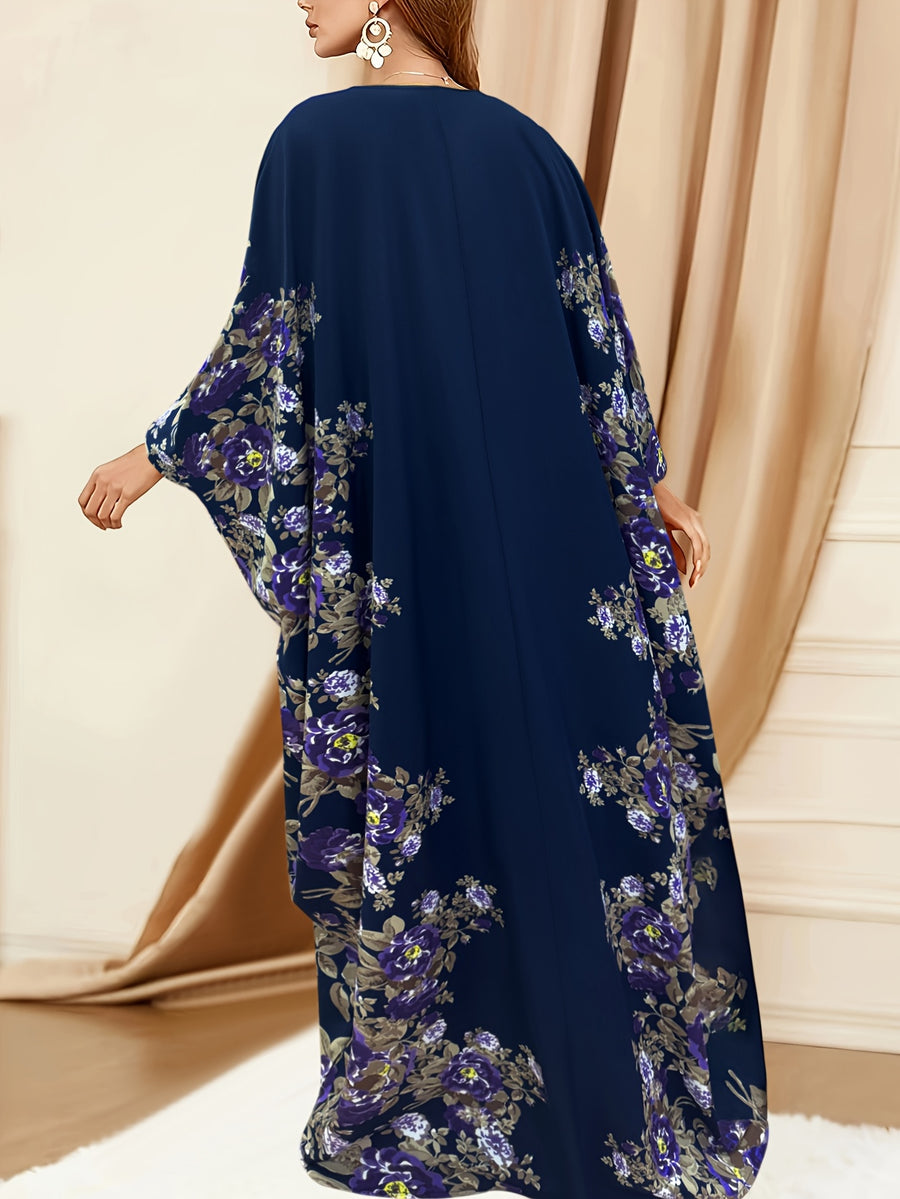 Eid & Ramadan Modest Maxi Dress - Middle Eastern-Inspired Batwing Sleeves, Loose Fit Floral Print, Machine Washable All-Season Comfort for Women, Cultural Attire, Middle Eastern Style, Comfortable Fashion - Deep Blue