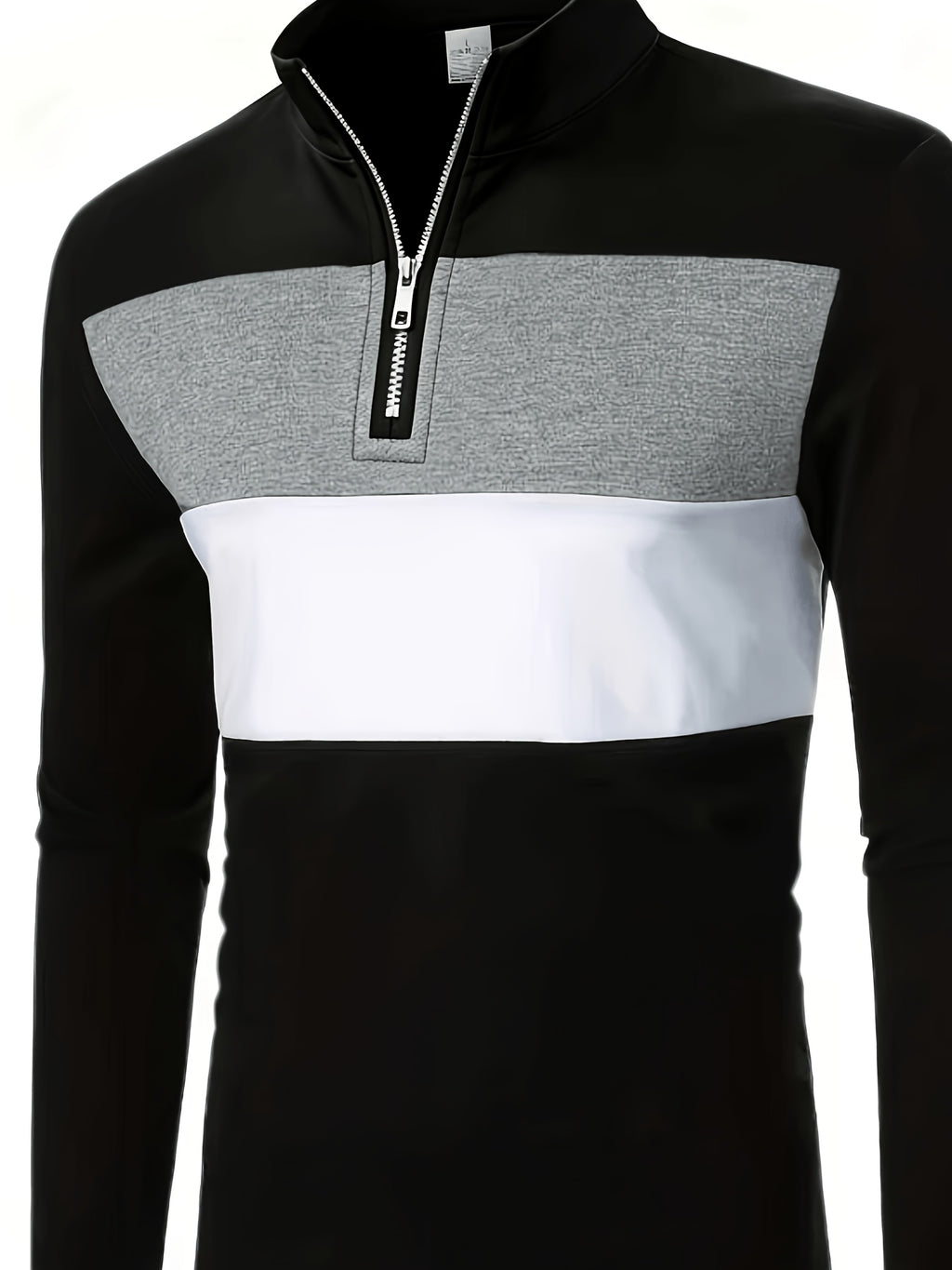Men's Casual Color Block Long Sleeve Stand-Up Collar Top, Stylish 1/4 Zip Polo Shirt - Black