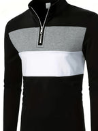 Men's Casual Color Block Long Sleeve Stand-Up Collar Top, Stylish 1/4 Zip Polo Shirt - Black
