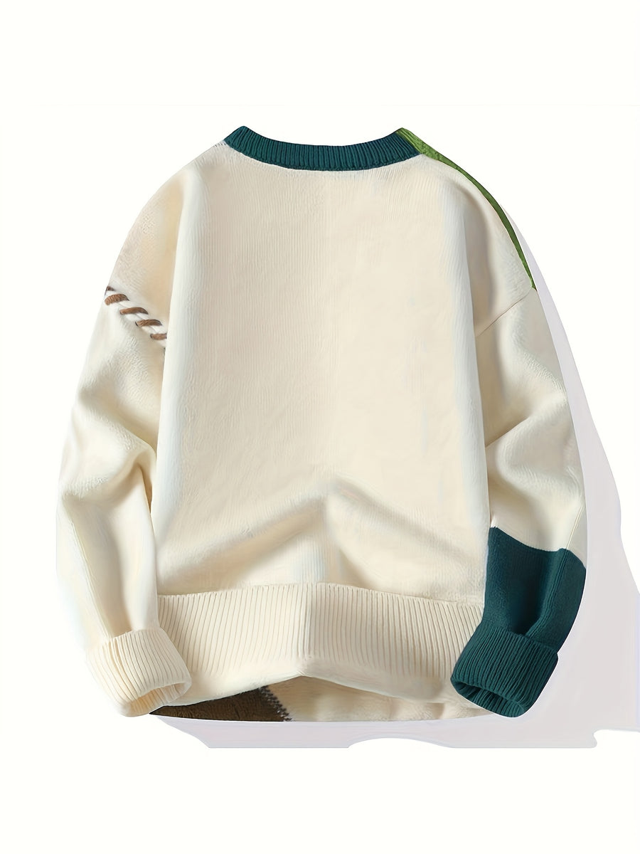 Men's Color-Block Crewneck Sweater, Regular Fit Warm Knitwear for Autumn/Winter, Casual Base Layer for Teens, Fashionable - Green