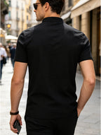 Men's Mountain Graphic Short Sleeve Henley Shirt, Mandarin Collar Half Placket Button Casual T-Shirt, Lightweight And Linen Blend Texture Summer Beach Tops - Black