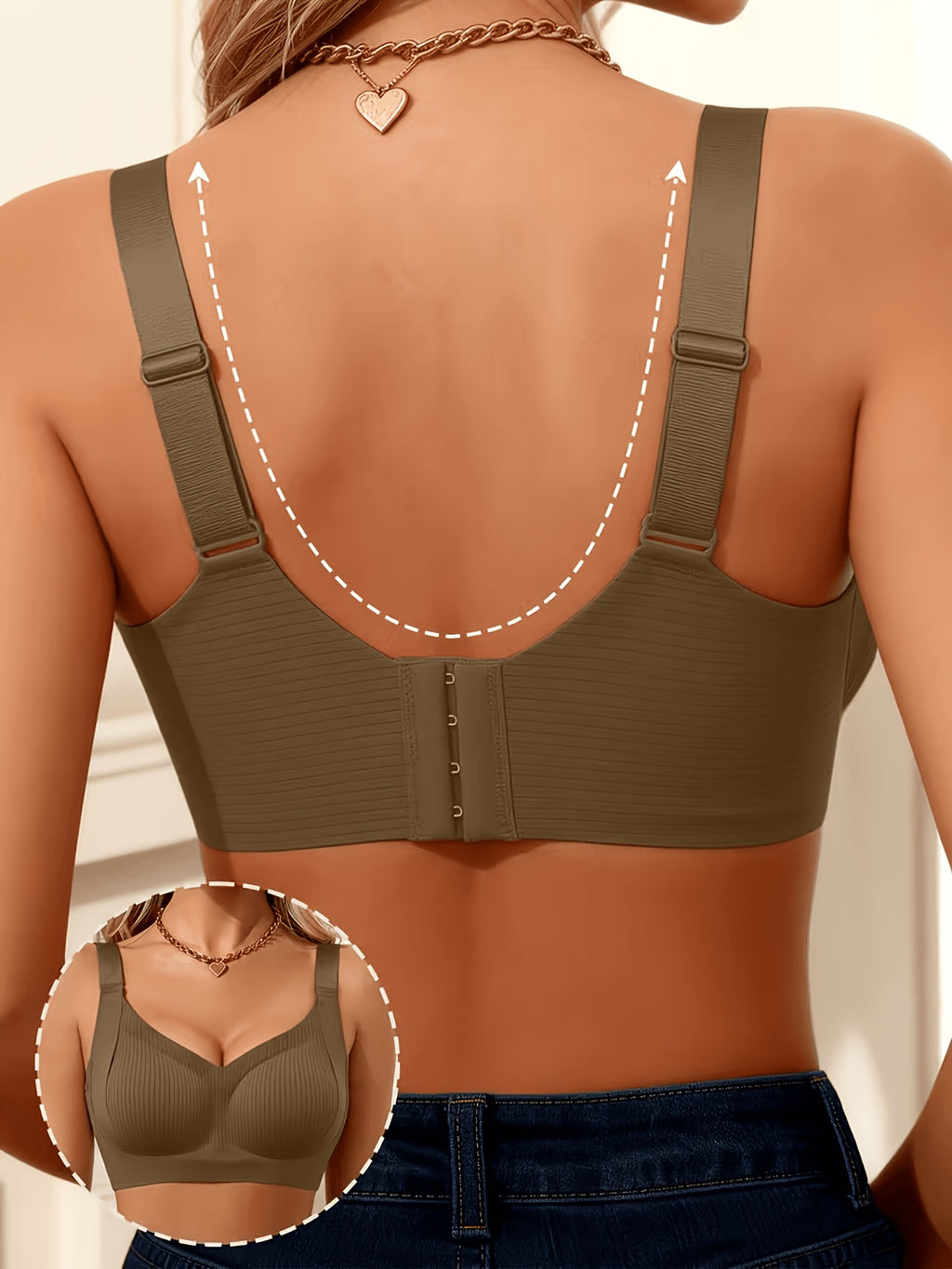 1pc Women'S Seamless Pinstripe Bra Without Underwire, Adjustable Wide Straps, Back with 4 Rows of Buttons, Comfortable Support Without Underwire, Gathering And Lifting Daily Lingerie, Soft And Breathable Removable Cups, Shaping Tight Fit Innerwear - Khaki