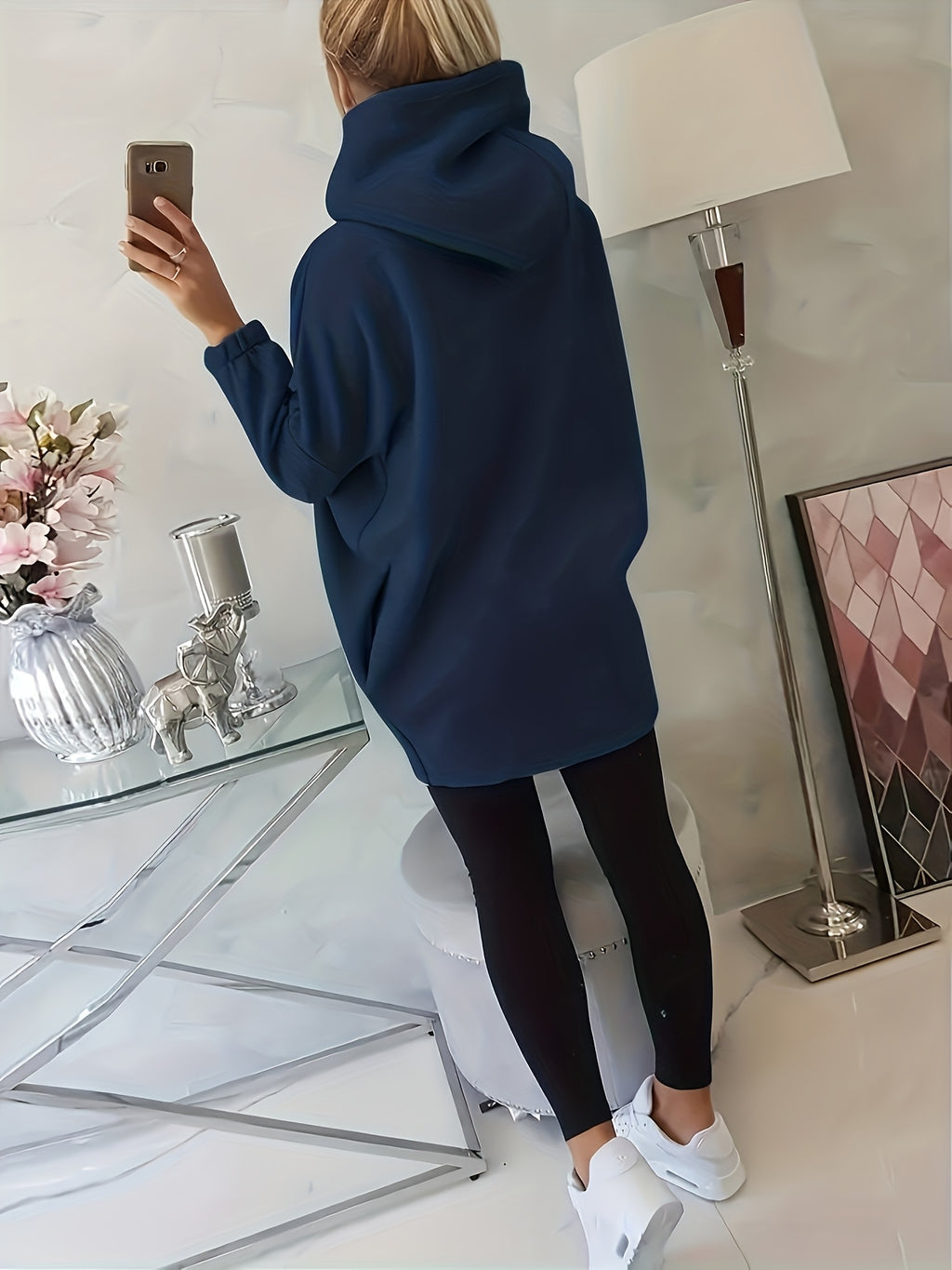 Plus Size, New European and American Women's Plus Size Hooded Sweatshirt with Full Front Zipper, Fashionable Asymmetric Hem Slit, Wide and Comfortable, Breathable, Thick and -Lined, Loose Fit, Long Sleeve, Warm for Autumn and Winter - Navy Color
