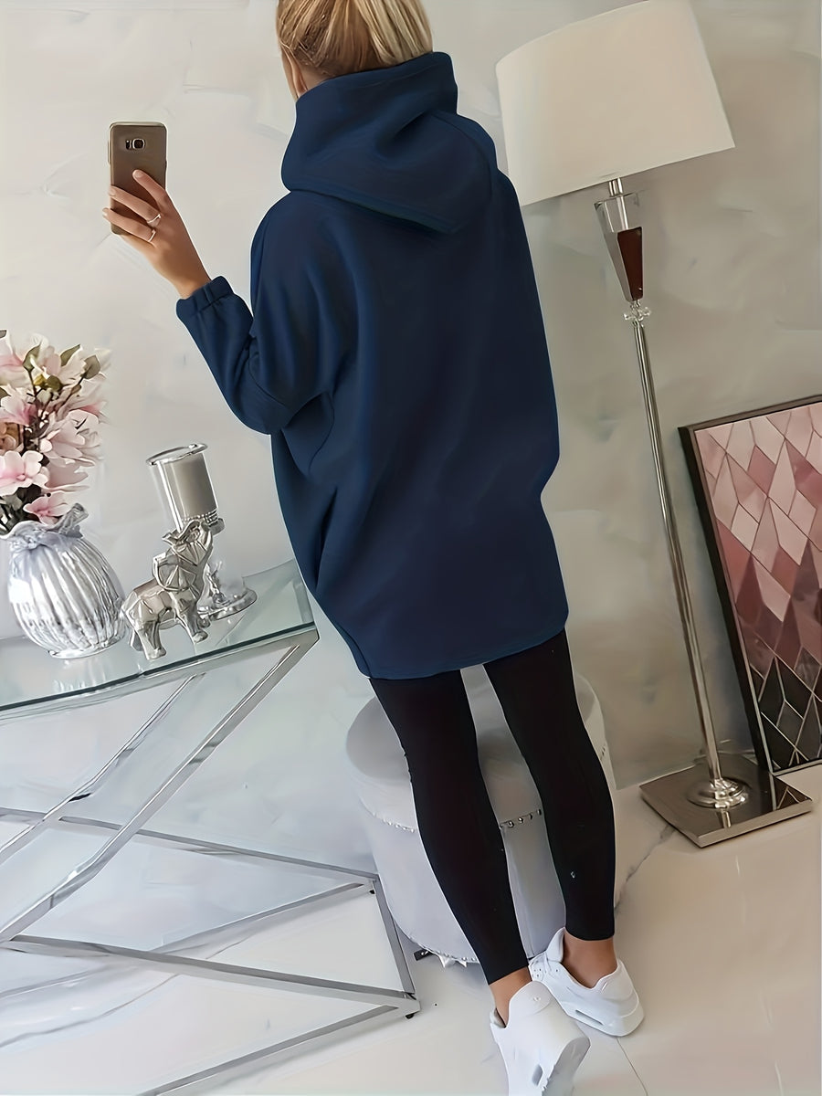 Plus Size, New European and American Women's Plus Size Hooded Sweatshirt with Full Front Zipper, Fashionable Asymmetric Hem Slit, Wide and Comfortable, Breathable, Thick and -Lined, Loose Fit, Long Sleeve, Warm for Autumn and Winter - Navy Color