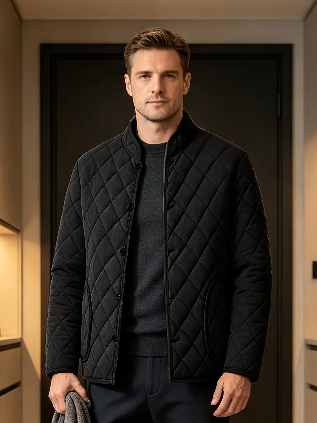 Men's Winter Thickened -Lined Padded Coat, Solid Color with Diamond-Pattern Stitching and Pockets, Casual Warm Padded Outerwear - Black