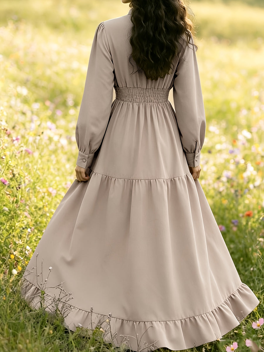 Spring Summer Court Style Olive Green Stand-Up Collar Dress, Wood Ear Trim Puff Sleeve Cable Waist, Vintage Elegant Flared Long Skirt Women'S 3A11378-1 - Tawny