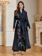 Women'S Modest Black Purple Floral Print Pleated Abaya Open Front Long Cardigan Dubai Saudi Arabia Kimono Duster Coat High Quality Pleated Loose Robe Outerwear Banquet Party Evening Cover Up - Black
