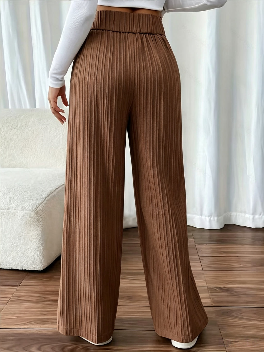 Women's Elegant Wide-Leg Pants with Textured Fabric - Machine Washable All-Season Trousers for Casual & Formal Wear - Coffee Color