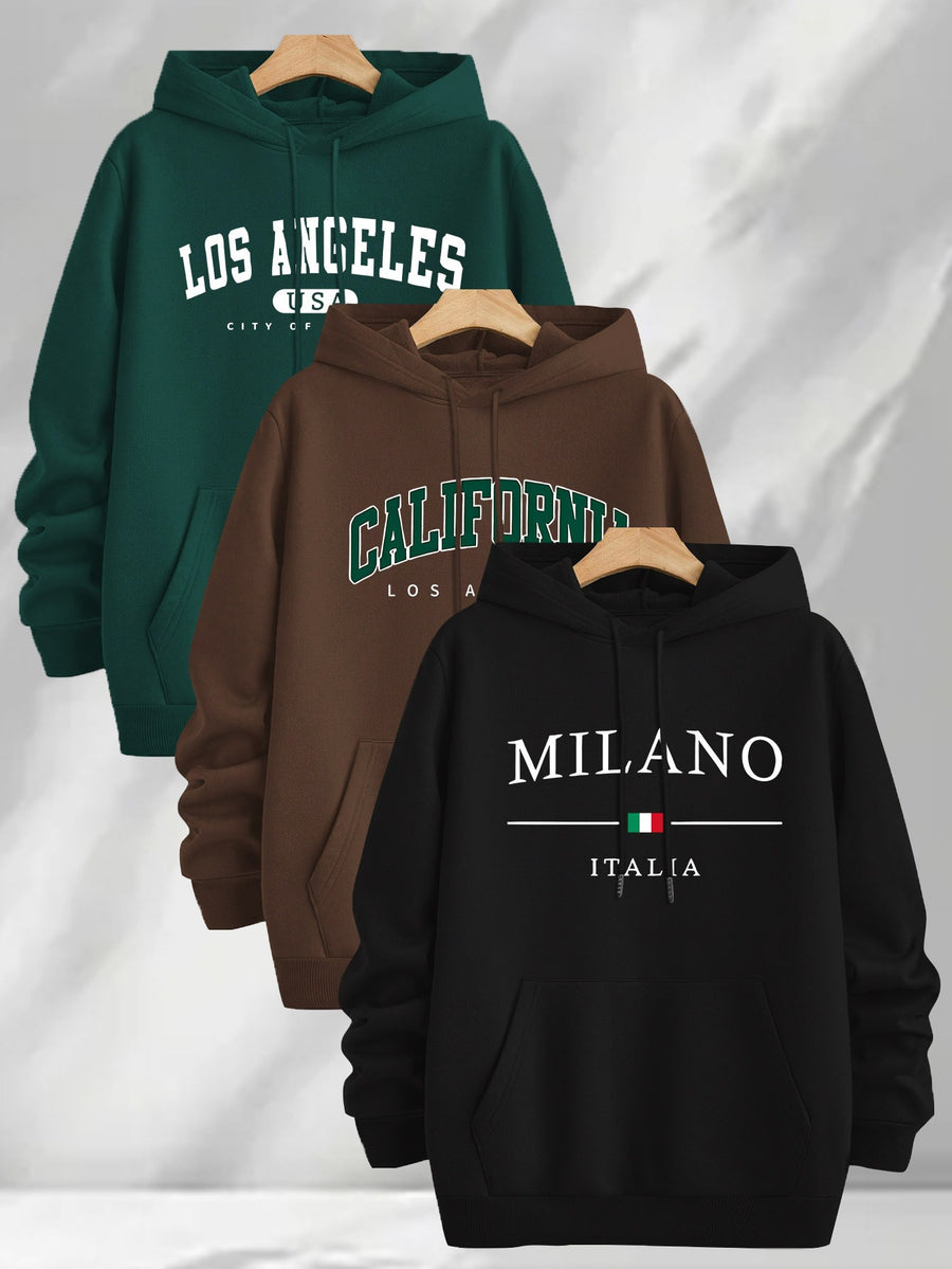 3pcs Urban Element Print Sweatshirt, Men's Casual Hooded Sweatshirt, Long-sleeve Pullover, Slight Stretch, Knitted Polyester Fabric, Regular Men's Hoodie - Green+Coffee+Black