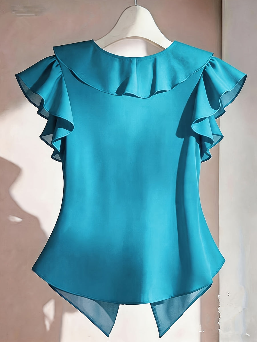 Summer French Solid Ruffled Fly Short Sleeve Shirt Chiffon Top Women'S - Deep Sky Blue