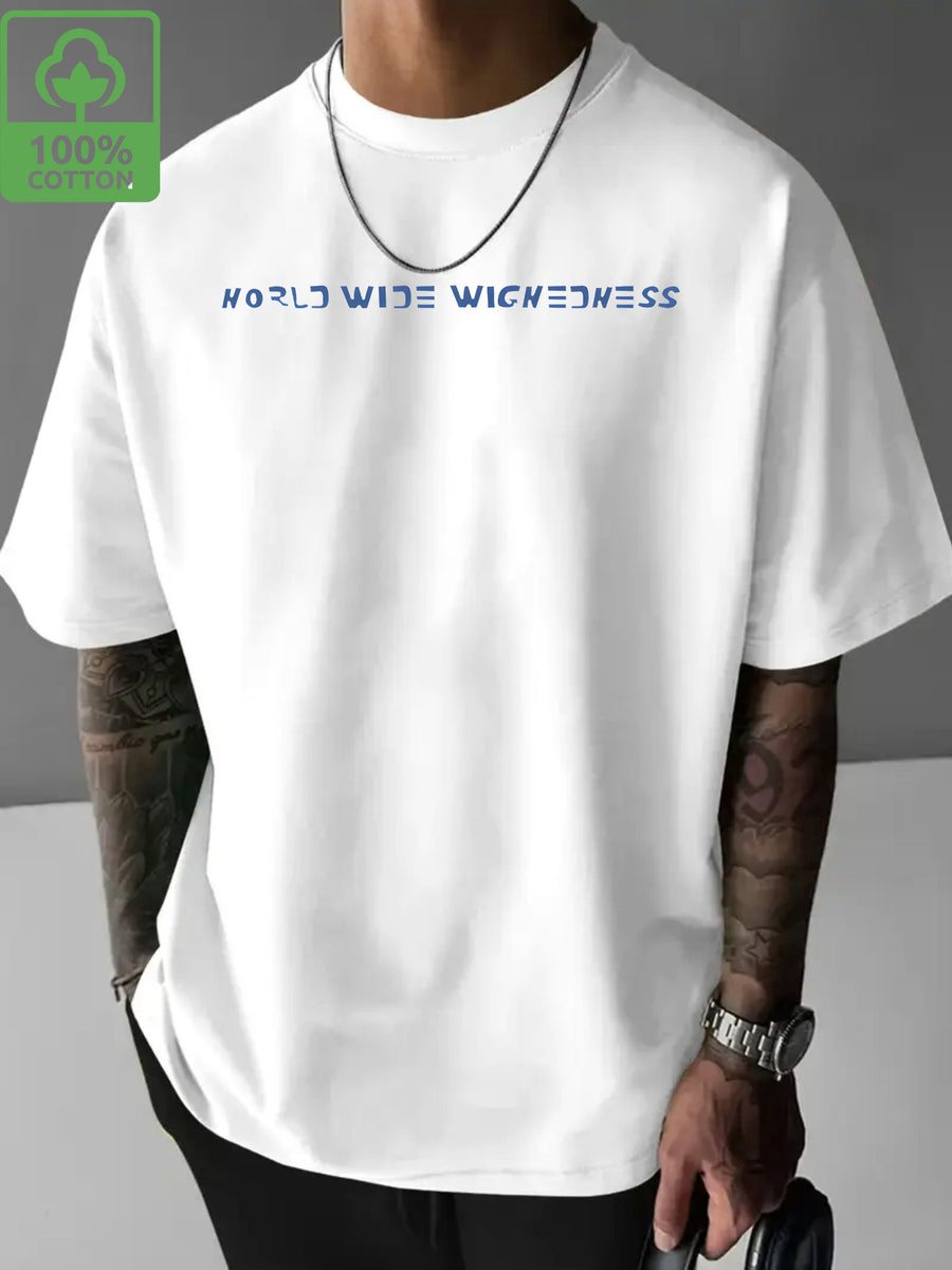 Dark Blue Washed Men'S Casual Short-Sleeved Easy Print Fashion Sports Trendy Versatile Half-Sleeve Breathable T-Shirt Comfortable Home Base Shirt - White
