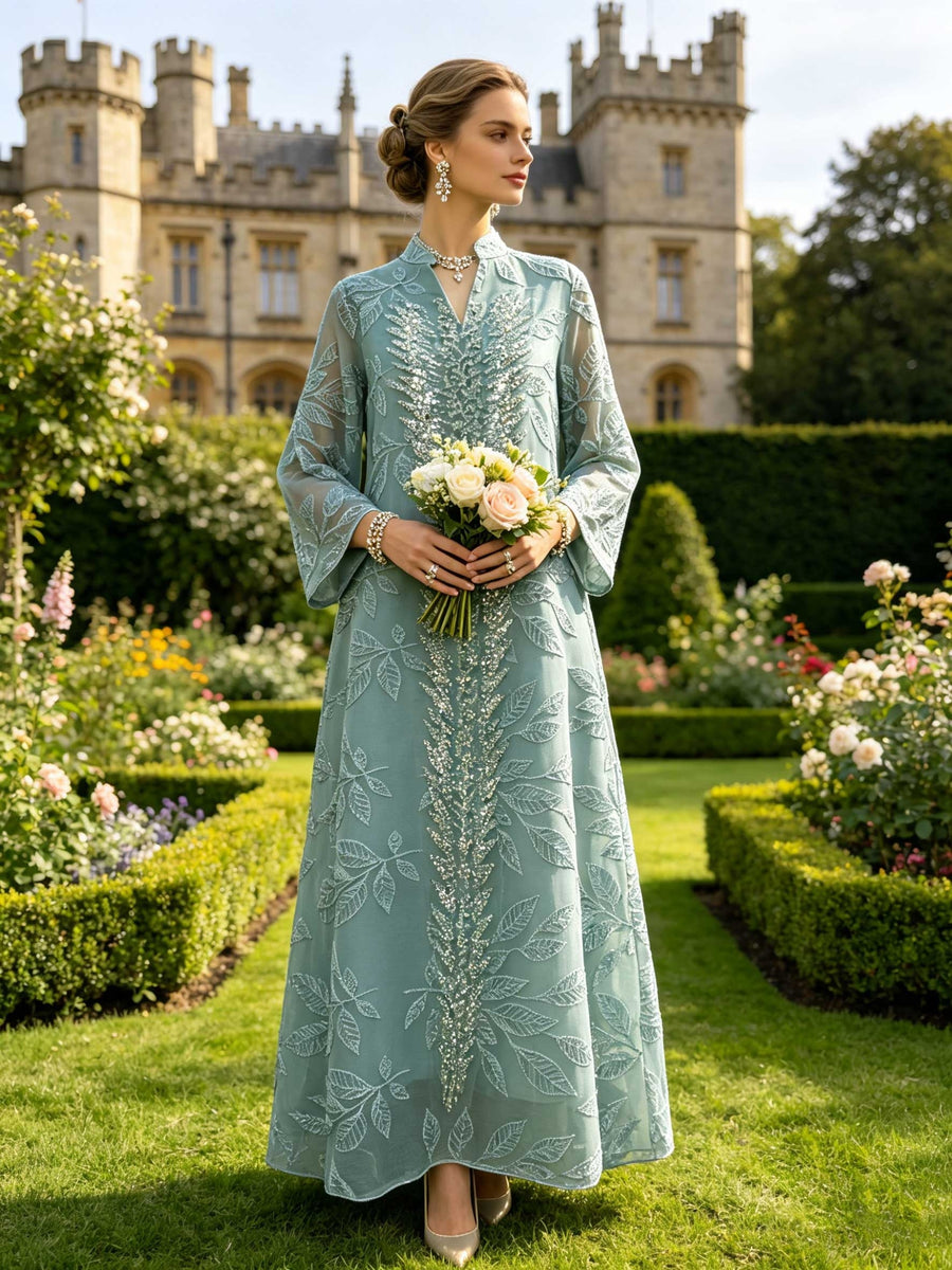 Elegant and Dignified Women's Abaya with Heavy Crystal Bead Leaf Embroidery, Luxurious Long Robe - Light Green