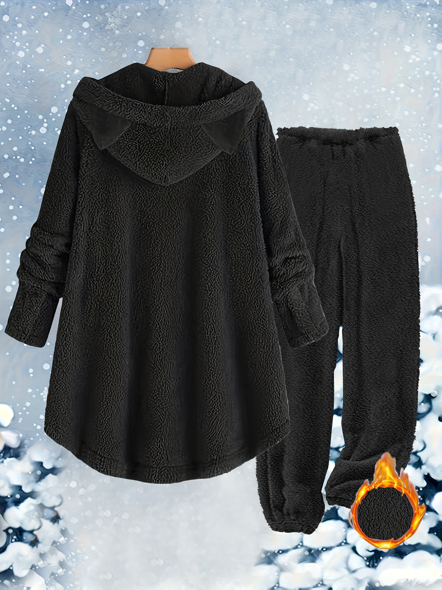 Targeted Development Fashion Women'S Contrast Plush Cat Ear Cute Casual Hoodie And Pants Set - Black