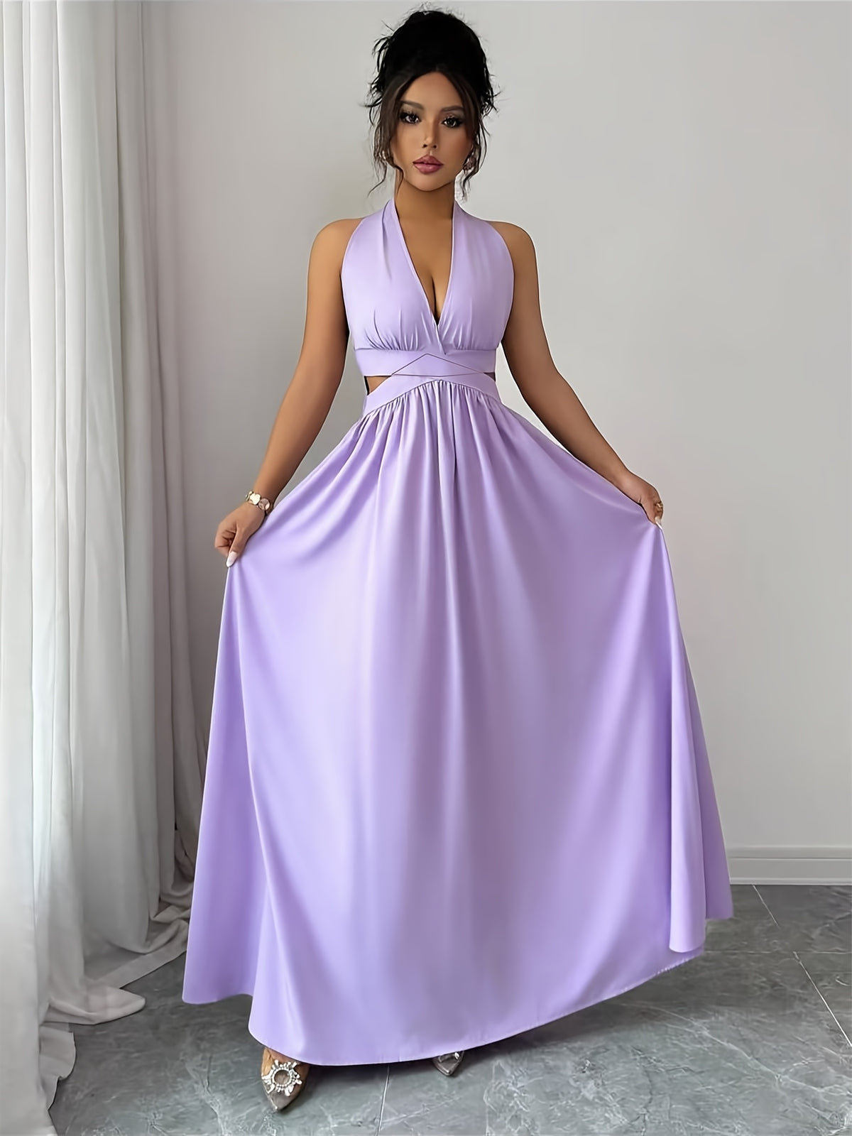 Women's Elegant Navy Blue Halter Backless Bridesmaid Dress - Deep V-Neck Wedding Dress with Shirred Waist & Elastic A-Line Hem, Machine Washable Suitable for Banquet, Party, Prom, Special Occasions, Non- Solid Color - Purple
