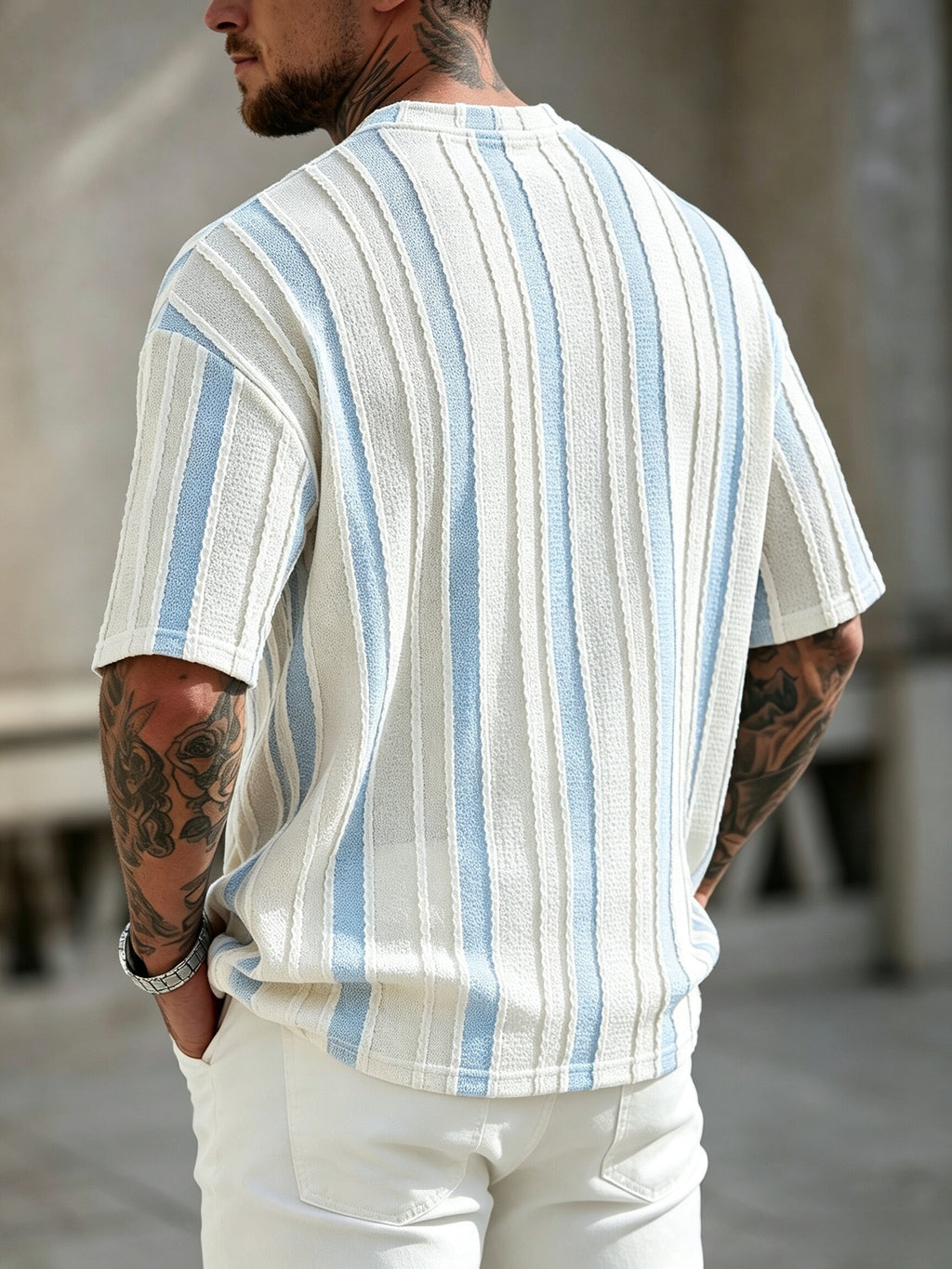 Men's Vintage Striped T-Shirt Suitable for Summer - Breathable Loose Fit Crew Neck Short Sleeve with Contrast Color & Drop Shoulder Design, Textured Casual Top for Daily Wear, Commuting, Gifts for Boyfriend/Husband (Machine Washable) - Blue