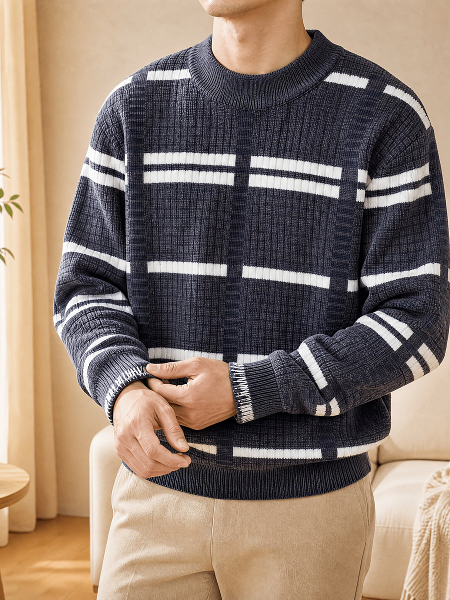 1pc Du Jing Lan OBM Men's Knit Sweater - Old Money Style Contrast Color Striped Crew Neck Sweater, Business Casual Striped Pullover Suitable for Layering, Golf, Basketball, Outdoor & Daily Wear, Belt-Free Warm Sweater for Spring/Autumn/Winter - Dark Blue