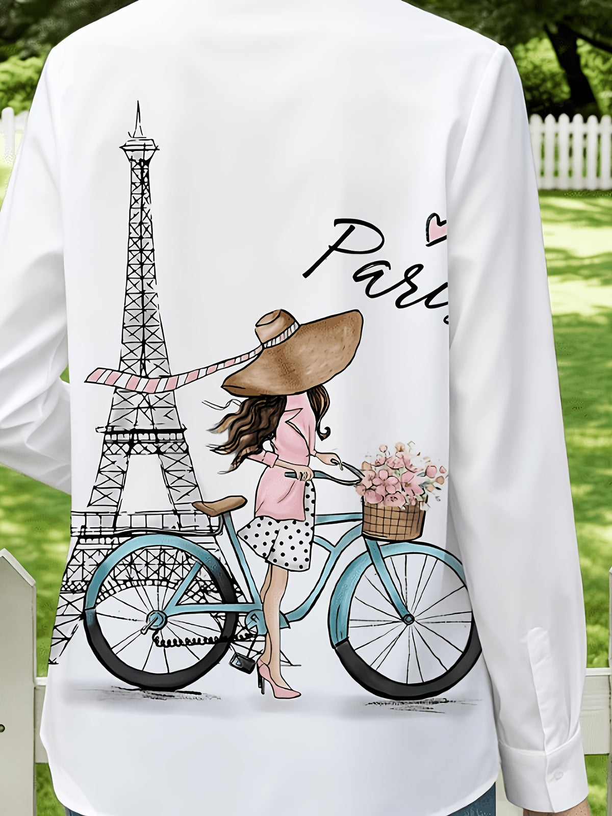 Women'S Beautiful Blouse Long Sleeve Fashion Trendy Lapel Shirt, Paris Eiffel Tower Bicycle Print Long Sleeve Shirt Women'S, French Romantic Lapel Casual Shirt, Perfect Gift for Women 1pc - Mixed colors