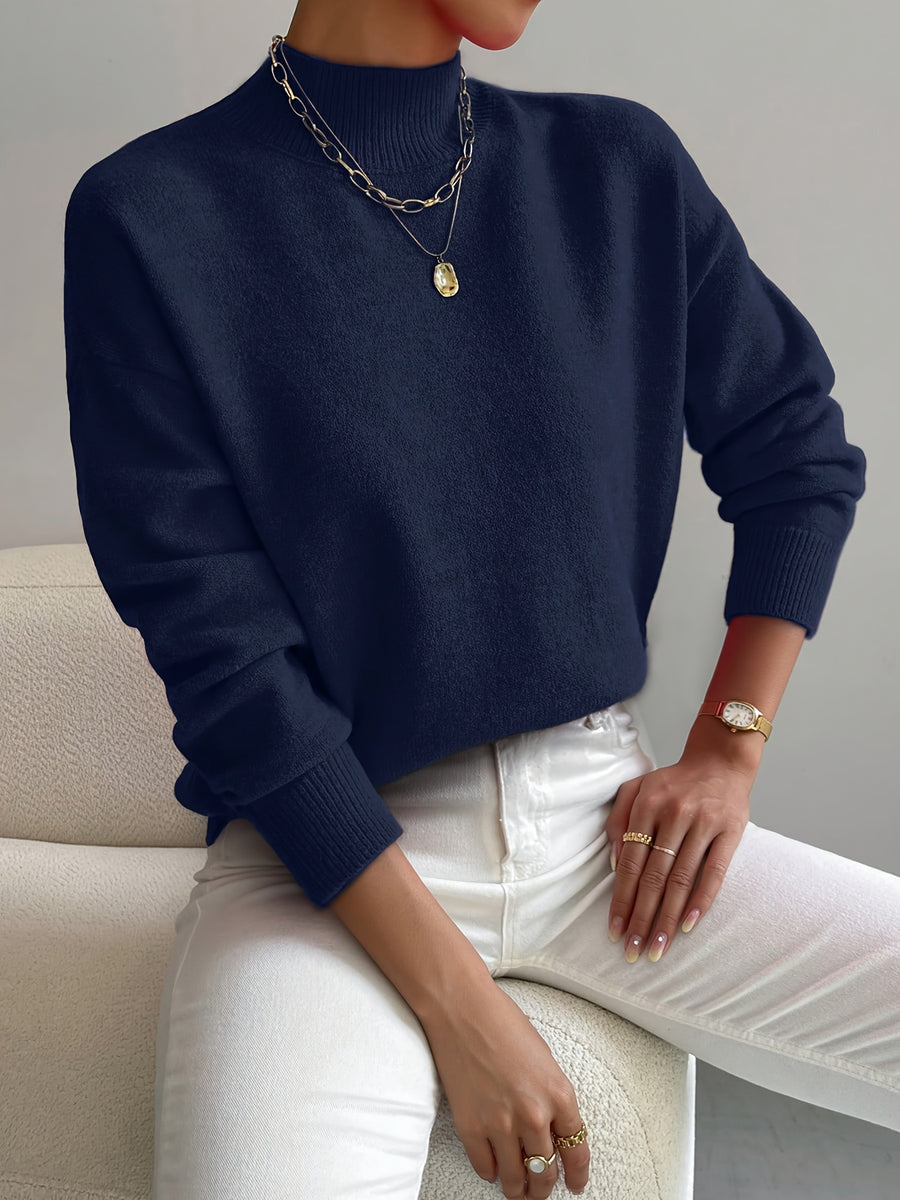 Women's Solid Color Elegant Mock Neck Long Sleeve Drop Shoulder Pullover Sweater - Navy Color