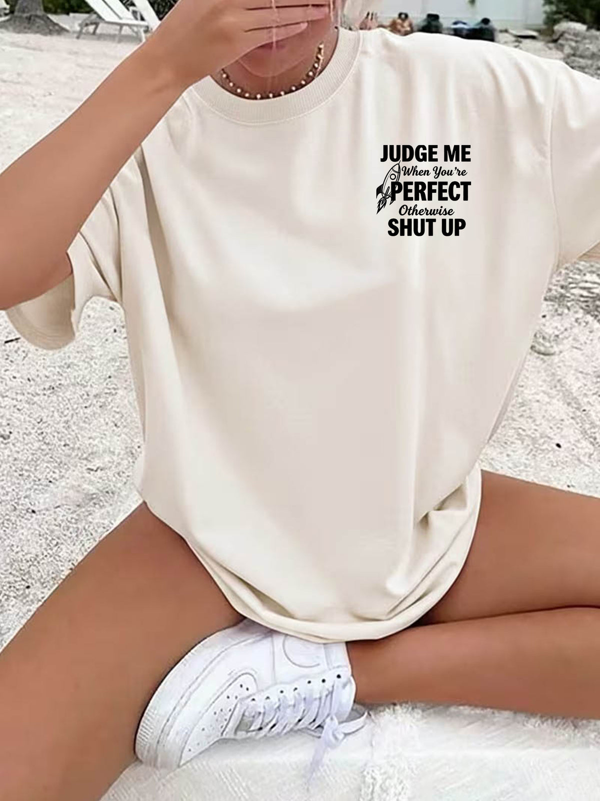 Women'S Crew Neck Double Sided Print Short Sleeve T-Shirt, Judge Me When You'Re Perfect Funny Slogan Rocket Graphic Front Back Tee, Loose Casual Basic Tops, Sassy Quote Printed Shirts for Daily Street Wear, Attitude Novelty Casual Outfit - Apricot